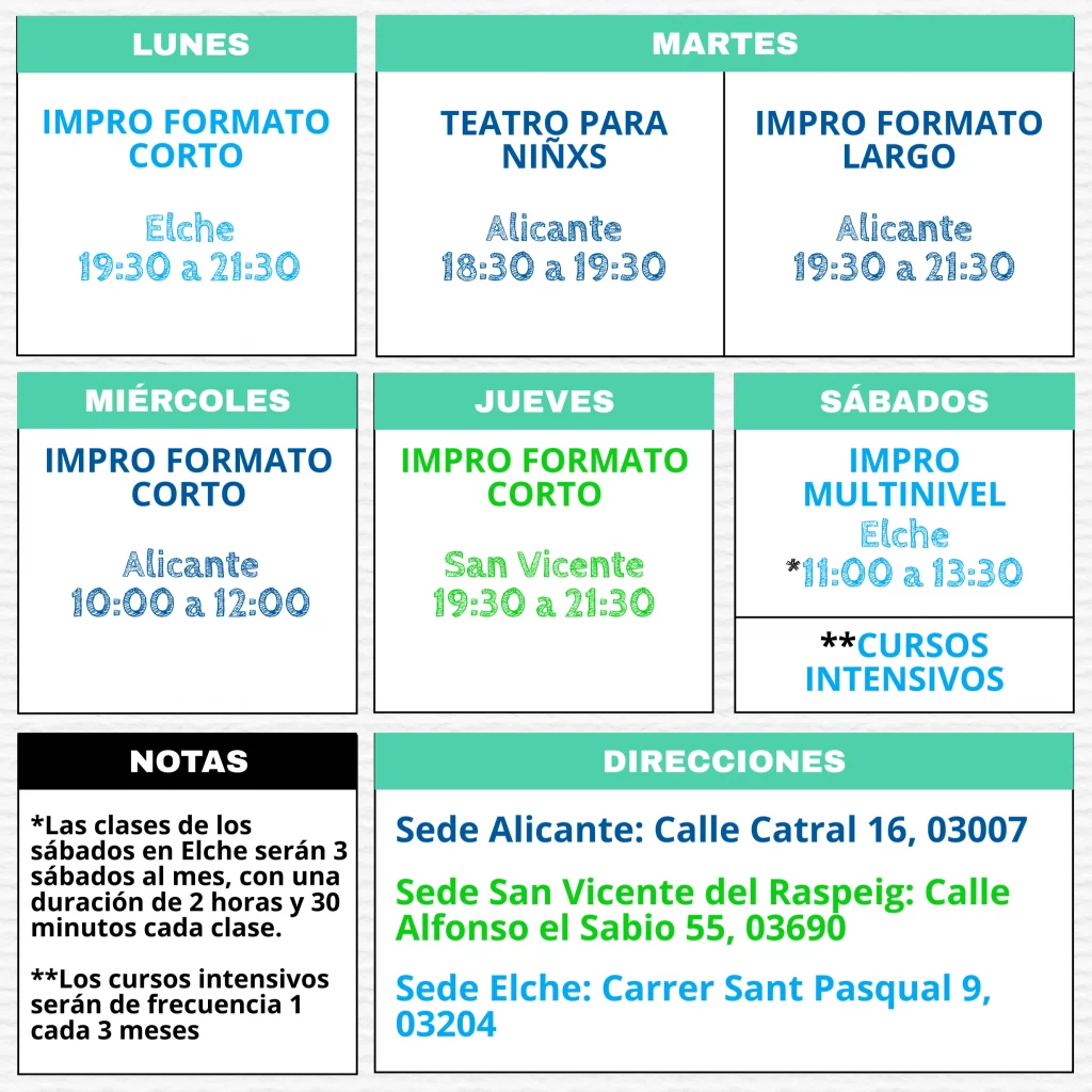 Horario de clases Improfilia escuela Escuela de Teatro Alicante